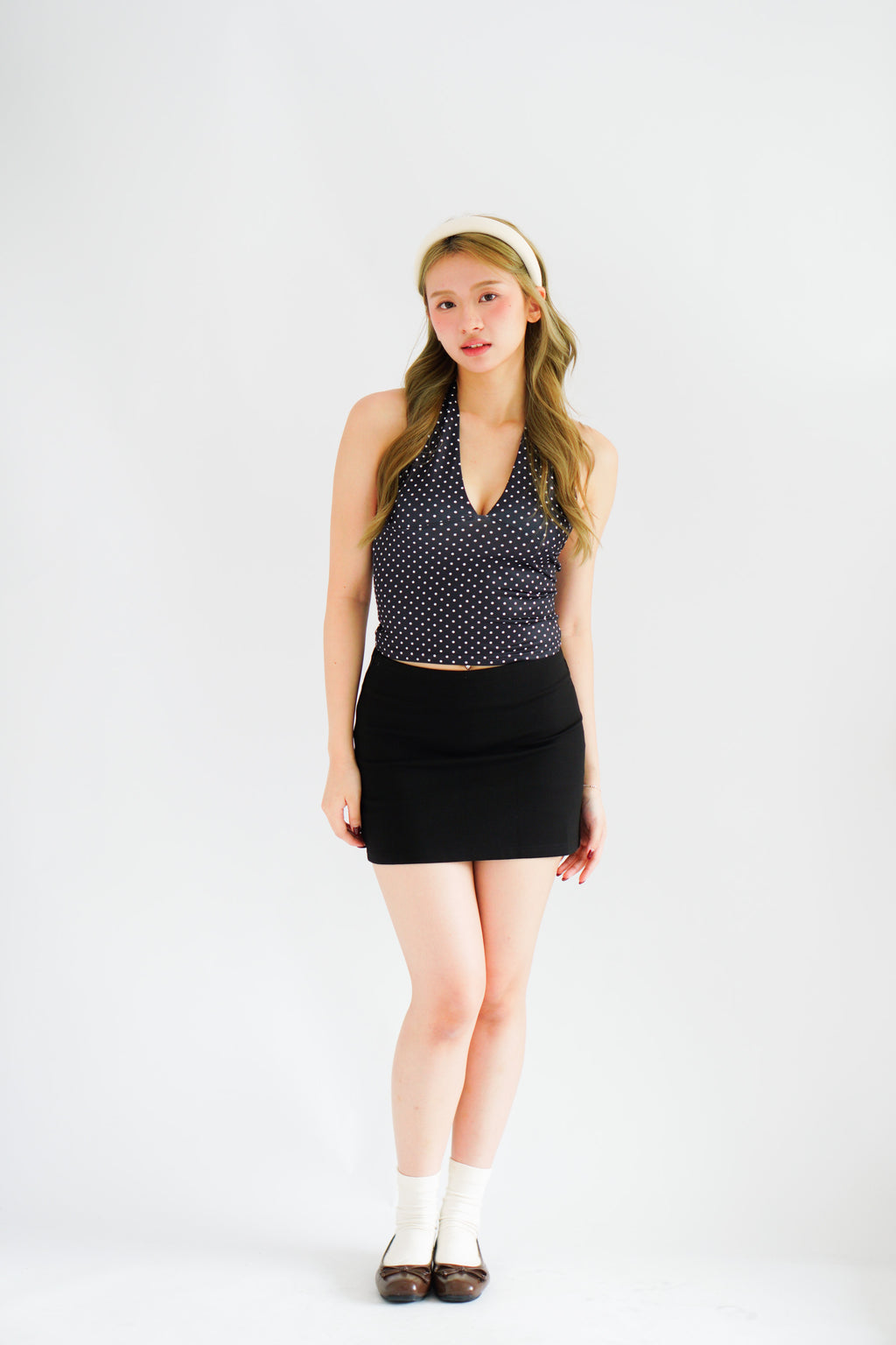 Enva Self Tied Halter Neck Polkadot Top in Black