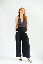 Enva Self Tied Halter Neck Polkadot Top in Black