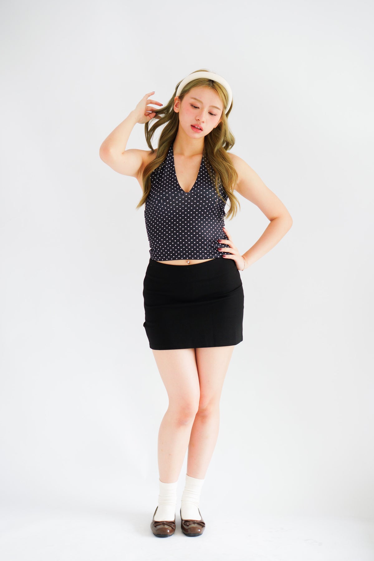 Enva Self Tied Halter Neck Polkadot Top in Black