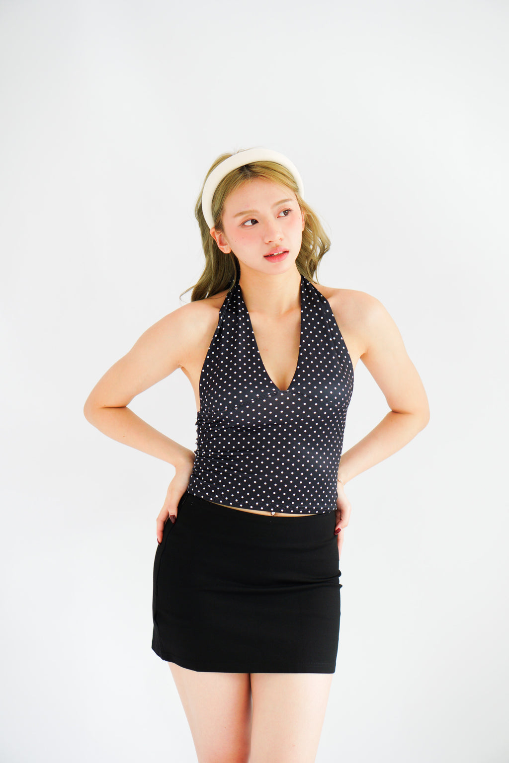 Enva Self Tied Halter Neck Polkadot Top in Black