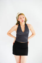 Enva Self Tied Halter Neck Polkadot Top in Black
