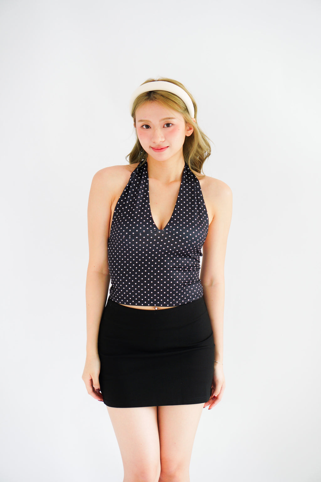 Enva Self Tied Halter Neck Polkadot Top in Black