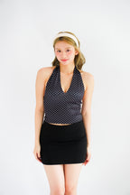 Enva Self Tied Halter Neck Polkadot Top in Black