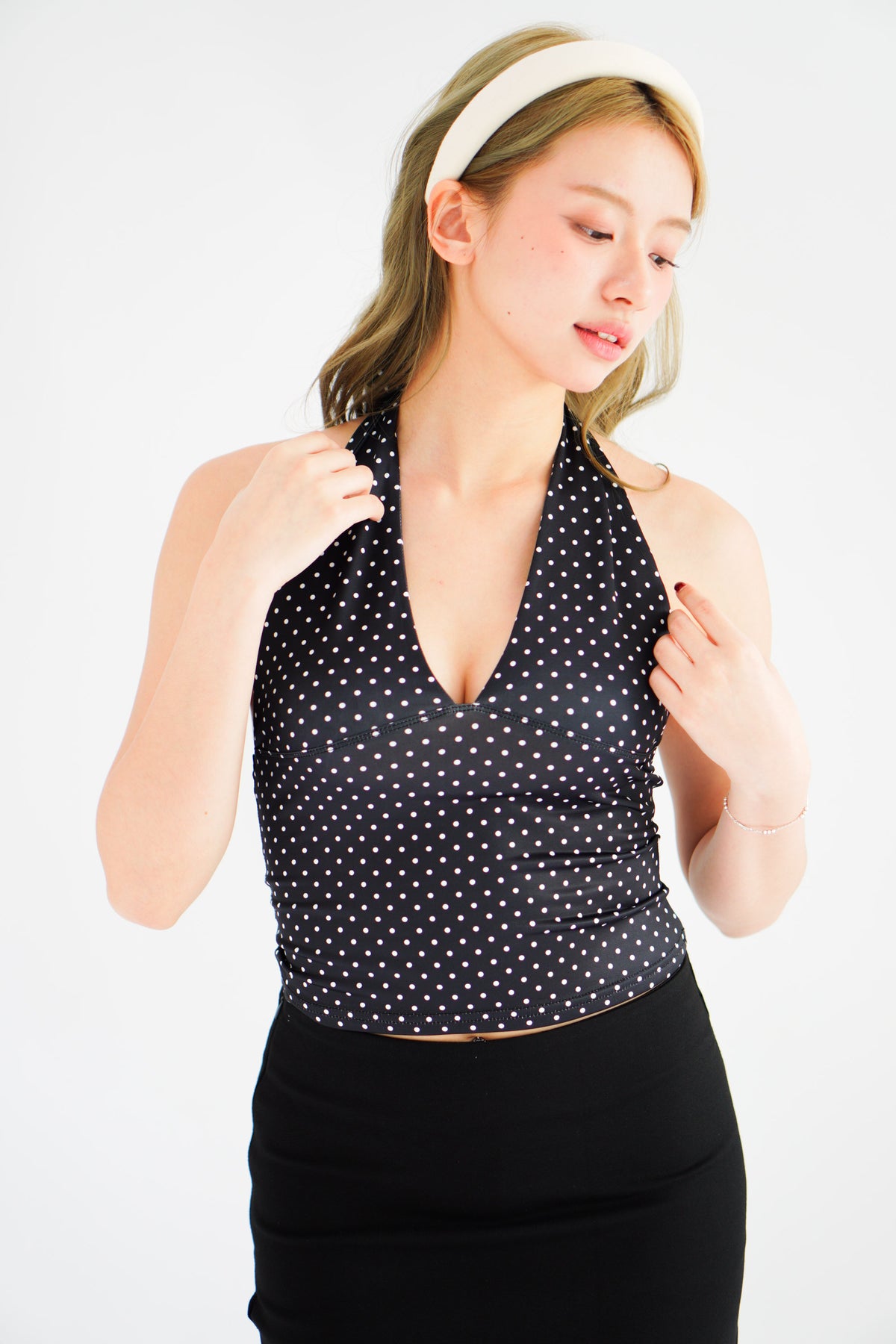 Enva Self Tied Halter Neck Polkadot Top in Black