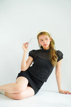 Mollie Polkadot Ruched Waist Top with Puffy Sleeves in Black