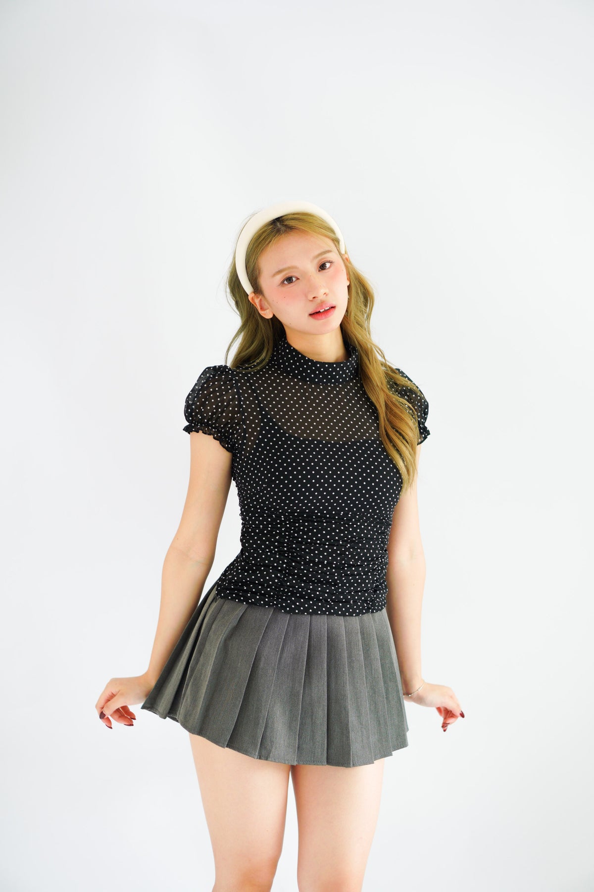 Mollie Polkadot Ruched Waist Top with Puffy Sleeves in Black