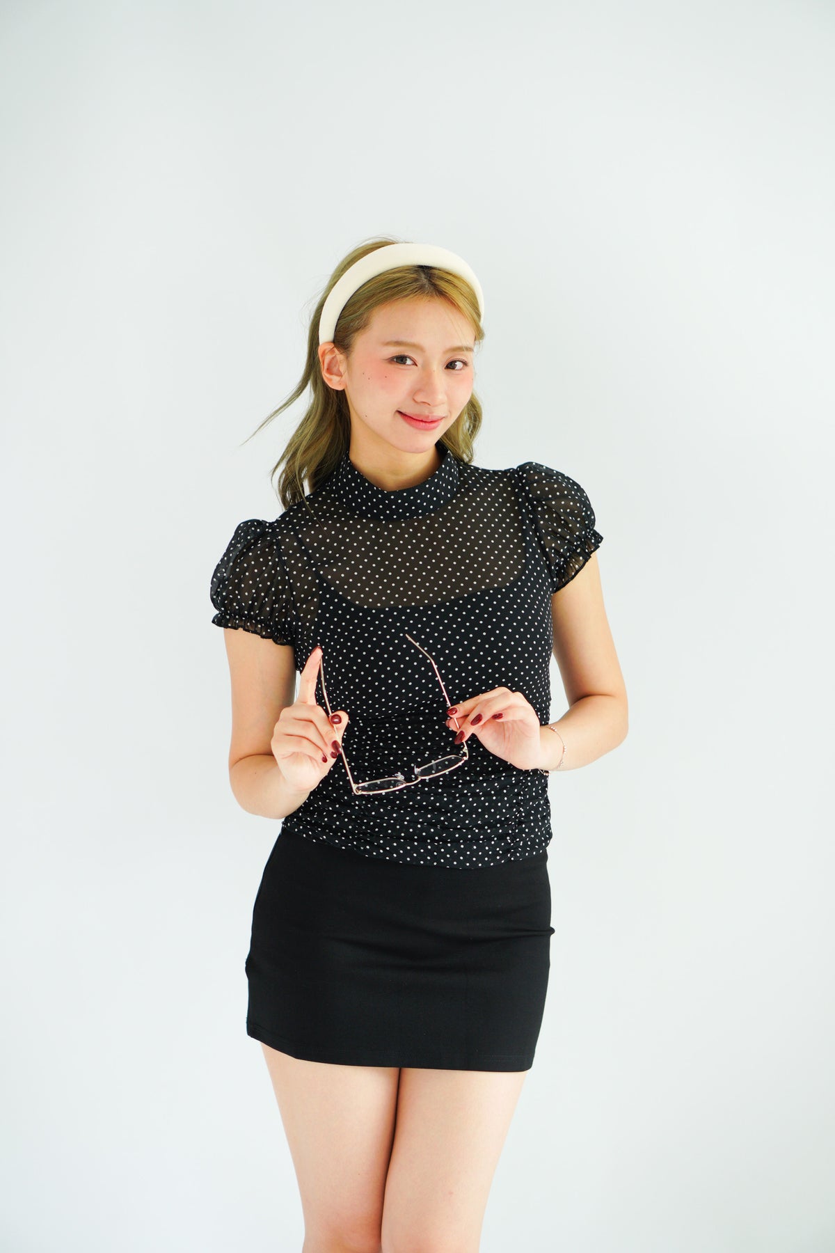 Mollie Polkadot Ruched Waist Top with Puffy Sleeves in Black
