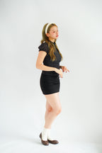 Mollie Polkadot Ruched Waist Top with Puffy Sleeves in Black