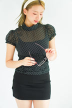 Mollie Polkadot Ruched Waist Top with Puffy Sleeves in Black