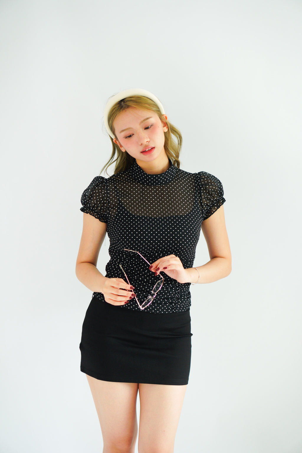 Mollie Polkadot Ruched Waist Top with Puffy Sleeves in Black