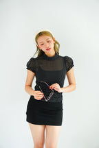 Mollie Polkadot Ruched Waist Top with Puffy Sleeves in Black