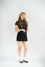 Mollie Polkadot Ruched Waist Top with Puffy Sleeves in Black
