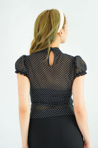 Mollie Polkadot Ruched Waist Top with Puffy Sleeves in Black