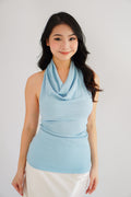 Polaine Cowl Neck Backless Halter Top in Blue