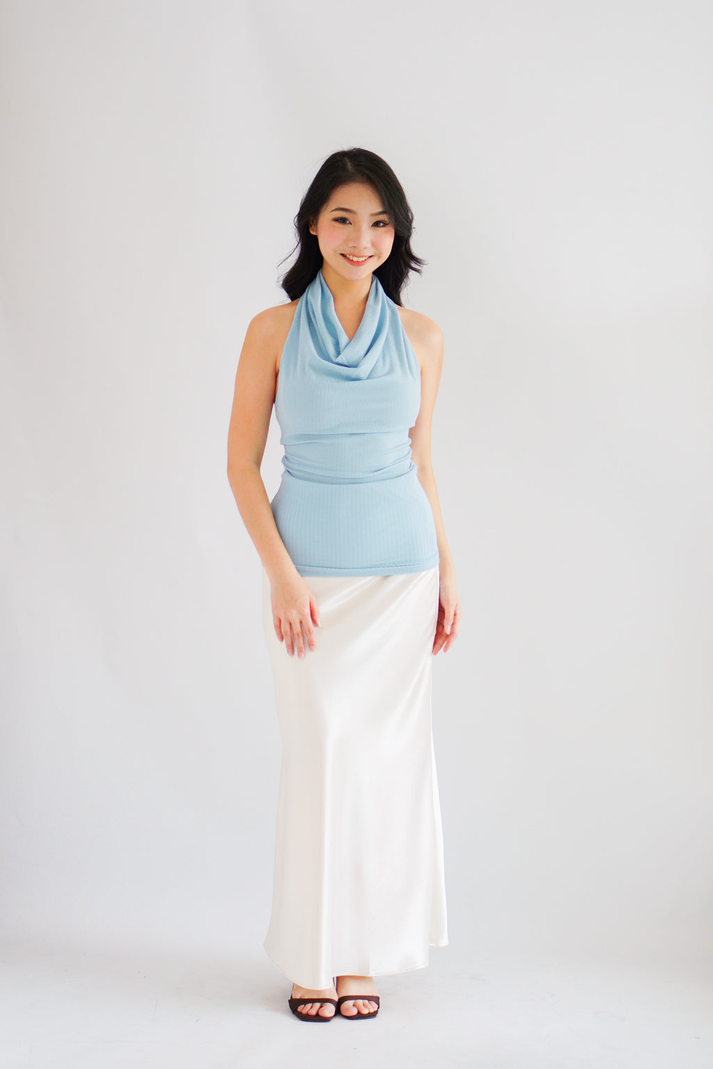 Polaine Cowl Neck Backless Halter Top in Blue