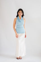 Polaine Cowl Neck Backless Halter Top in Blue
