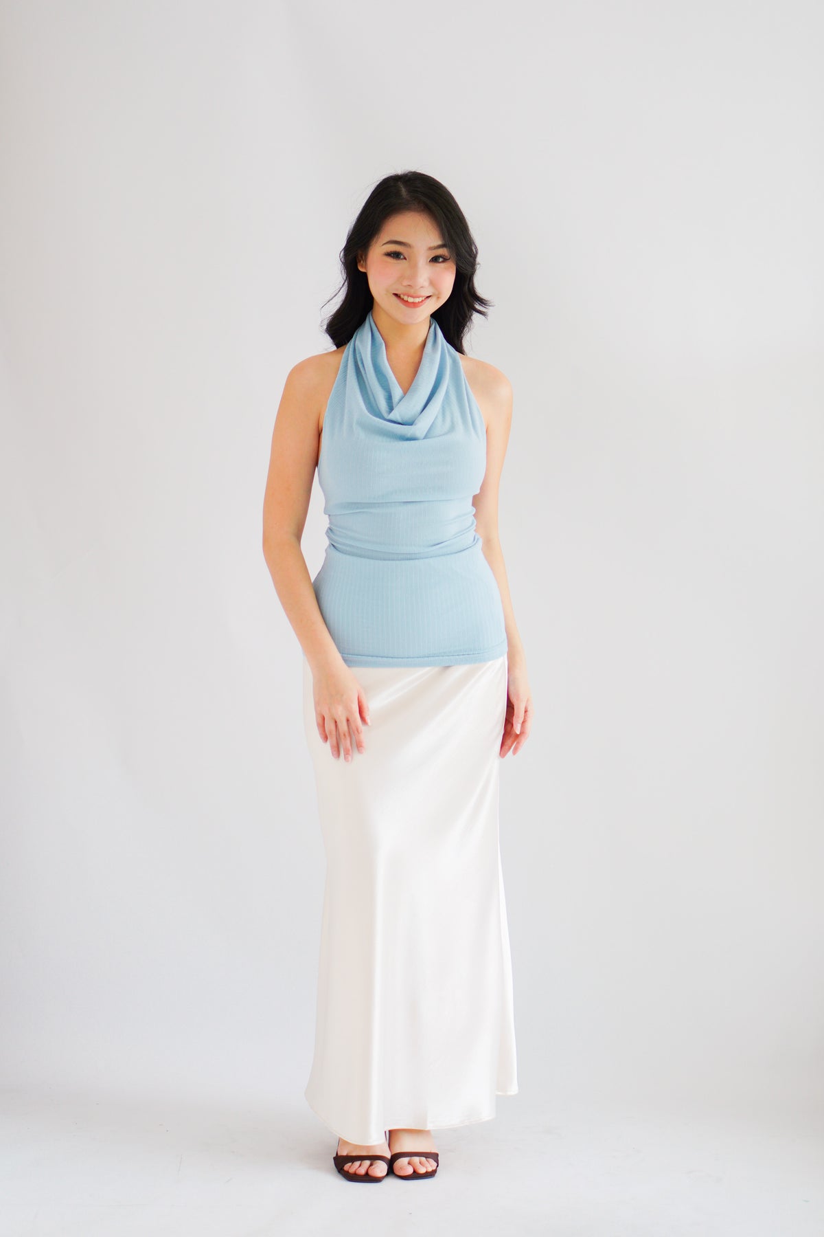 Polaine Cowl Neck Backless Halter Top in Blue