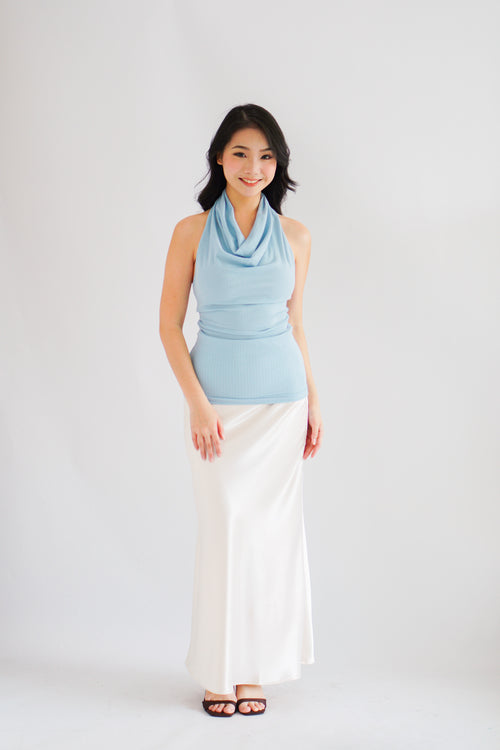 Polaine Cowl Neck Backless Halter Top in Blue