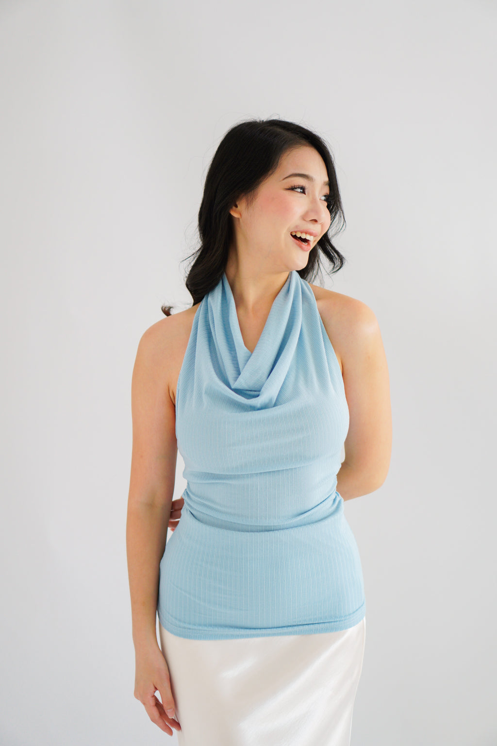 Polaine Cowl Neck Backless Halter Top in Blue