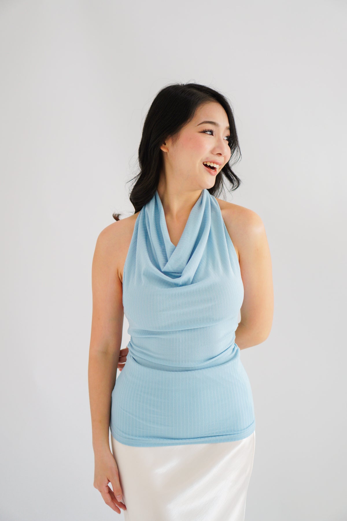 Polaine Cowl Neck Backless Halter Top in Blue