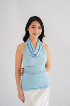 Polaine Cowl Neck Backless Halter Top in Blue