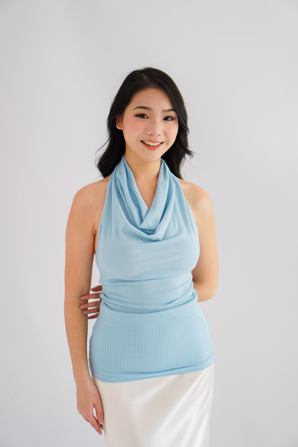 Polaine Cowl Neck Backless Halter Top in Blue