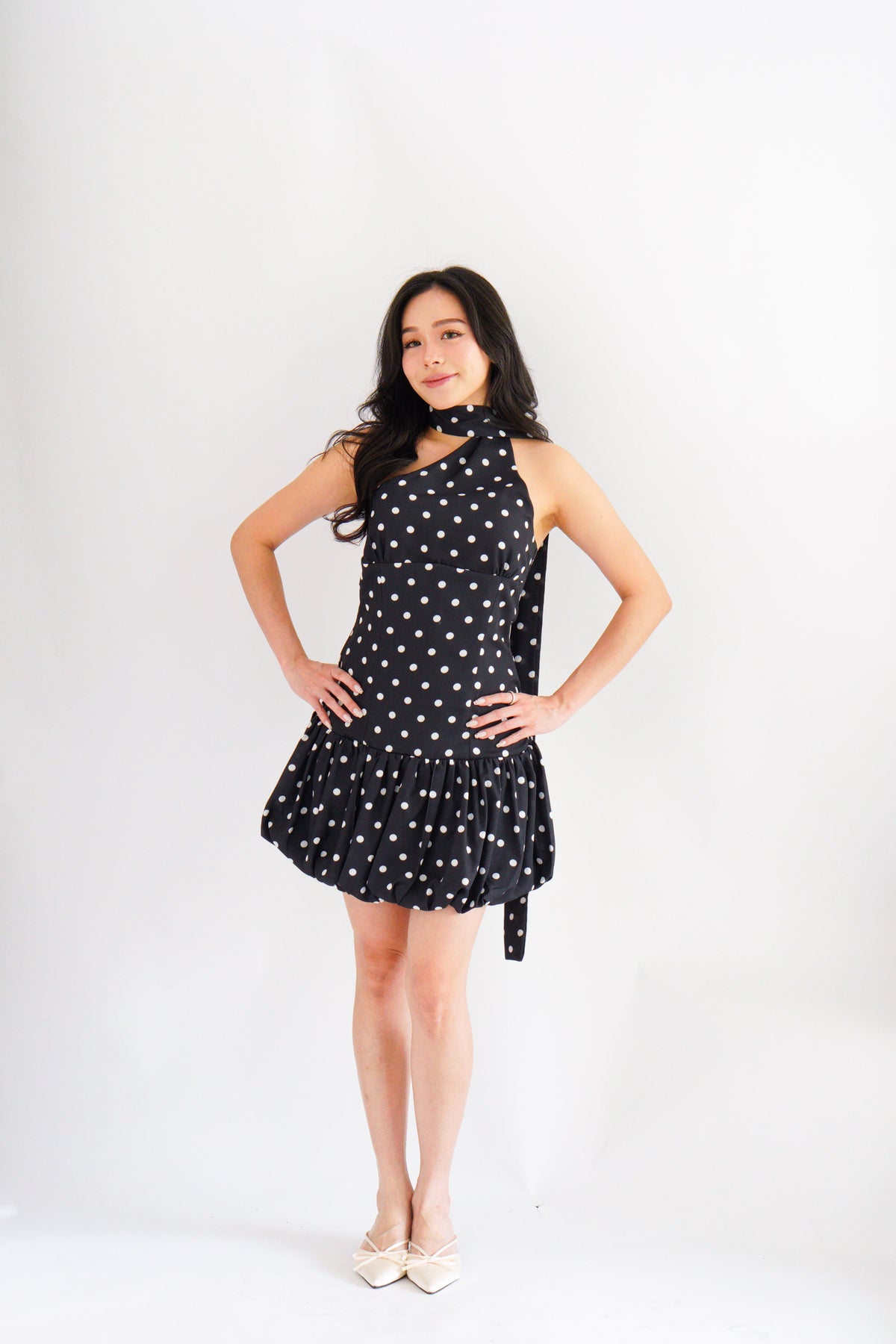Adria Choker Mini Bubble Dress in Black Polkadot