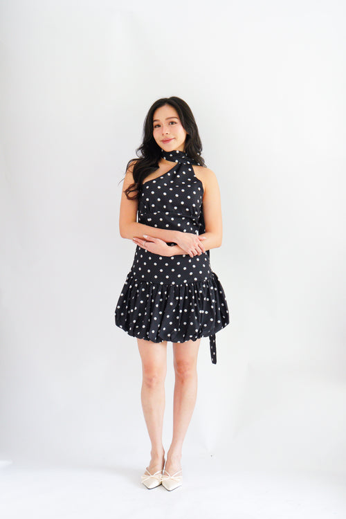 Adria Choker Mini Bubble Dress in Black Polkadot
