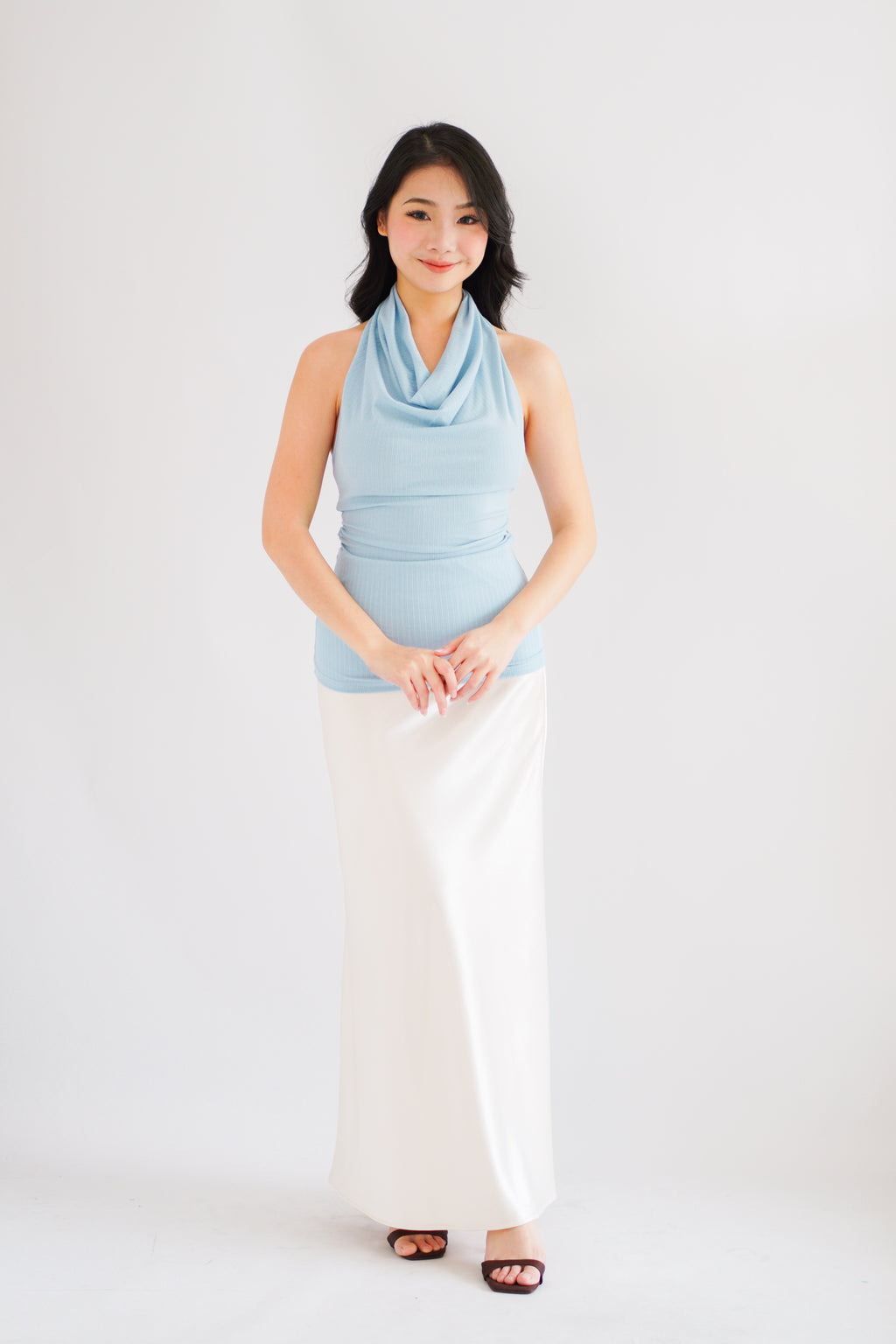Polaine Cowl Neck Backless Halter Top in Blue