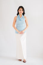 Polaine Cowl Neck Backless Halter Top in Blue