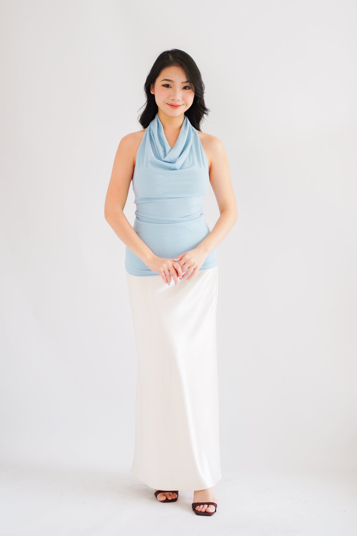 Polaine Cowl Neck Backless Halter Top in Blue
