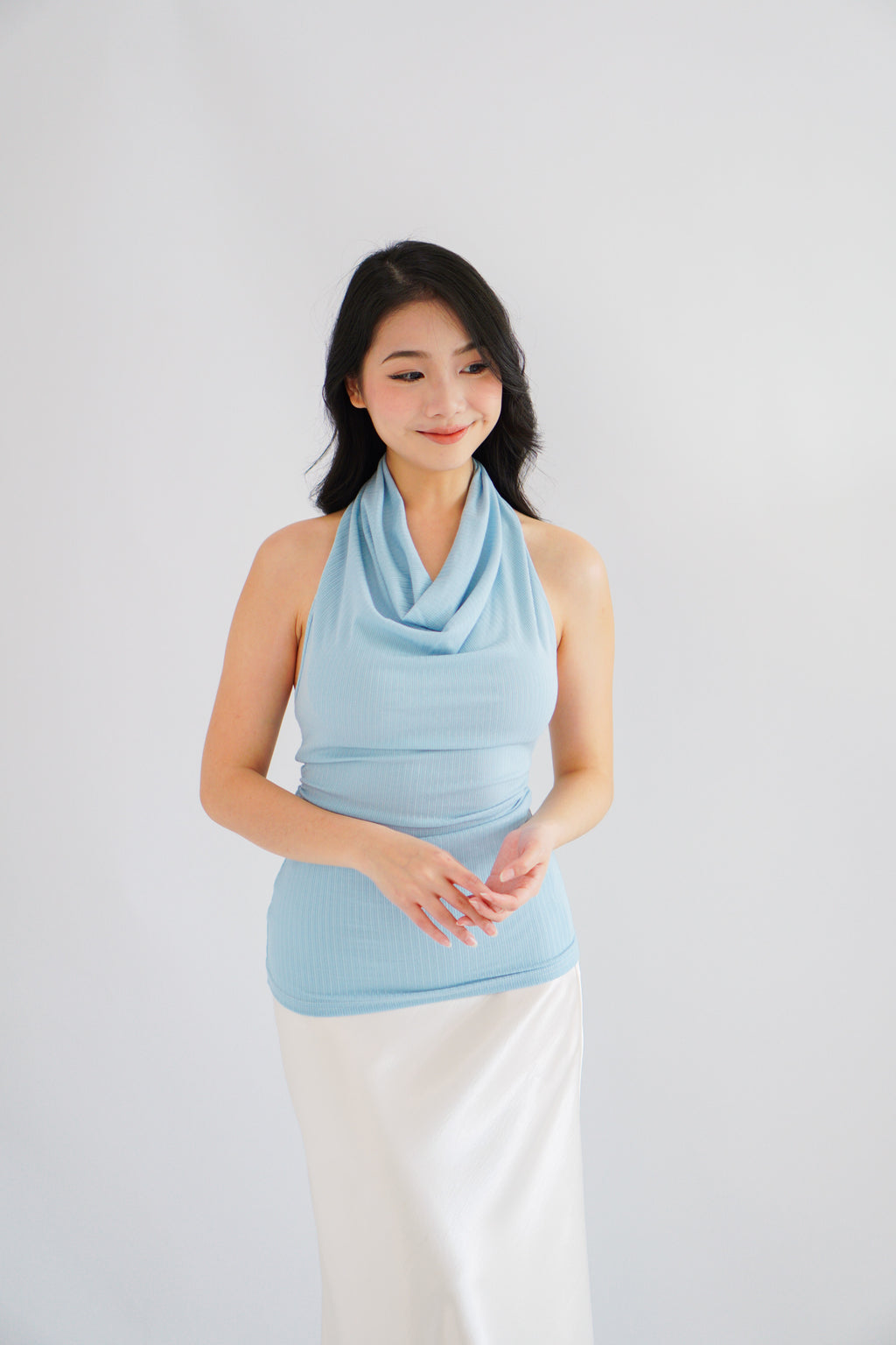 Polaine Cowl Neck Backless Halter Top in Blue