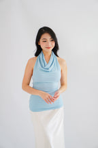 Polaine Cowl Neck Backless Halter Top in Blue