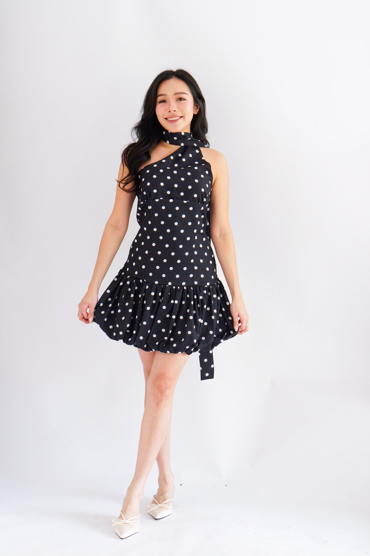 Adria Choker Mini Bubble Dress in Black Polkadot