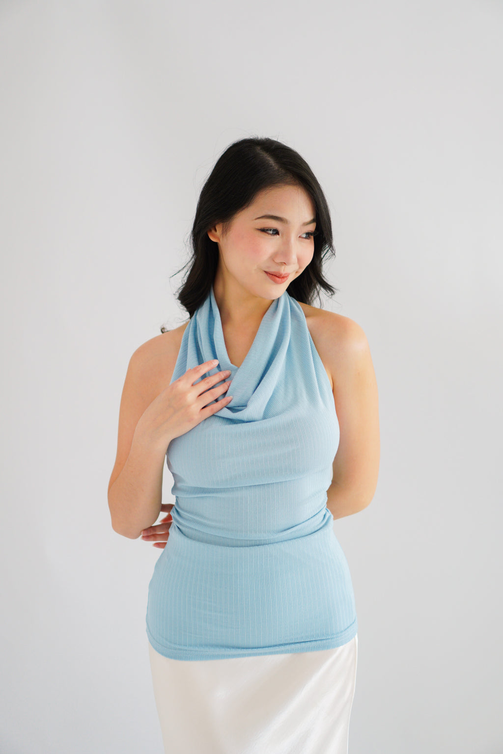 Polaine Cowl Neck Backless Halter Top in Blue