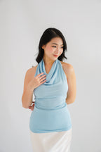 Polaine Cowl Neck Backless Halter Top in Blue