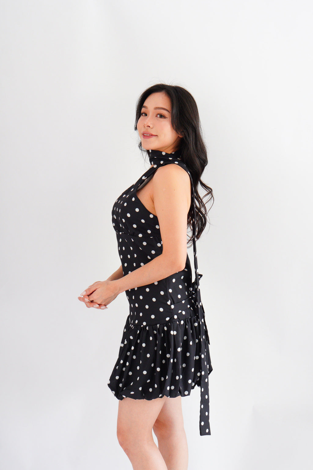 Adria Choker Mini Bubble Dress in Black Polkadot