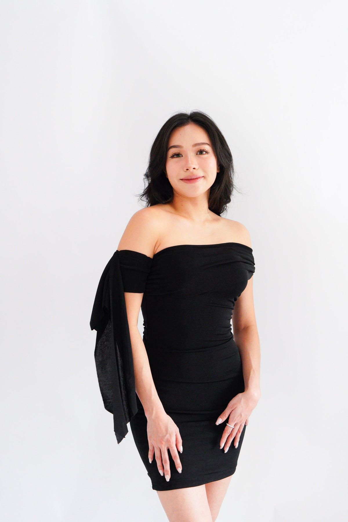 Dearaya Off Shoulder Bodycon Mini Dress in Black