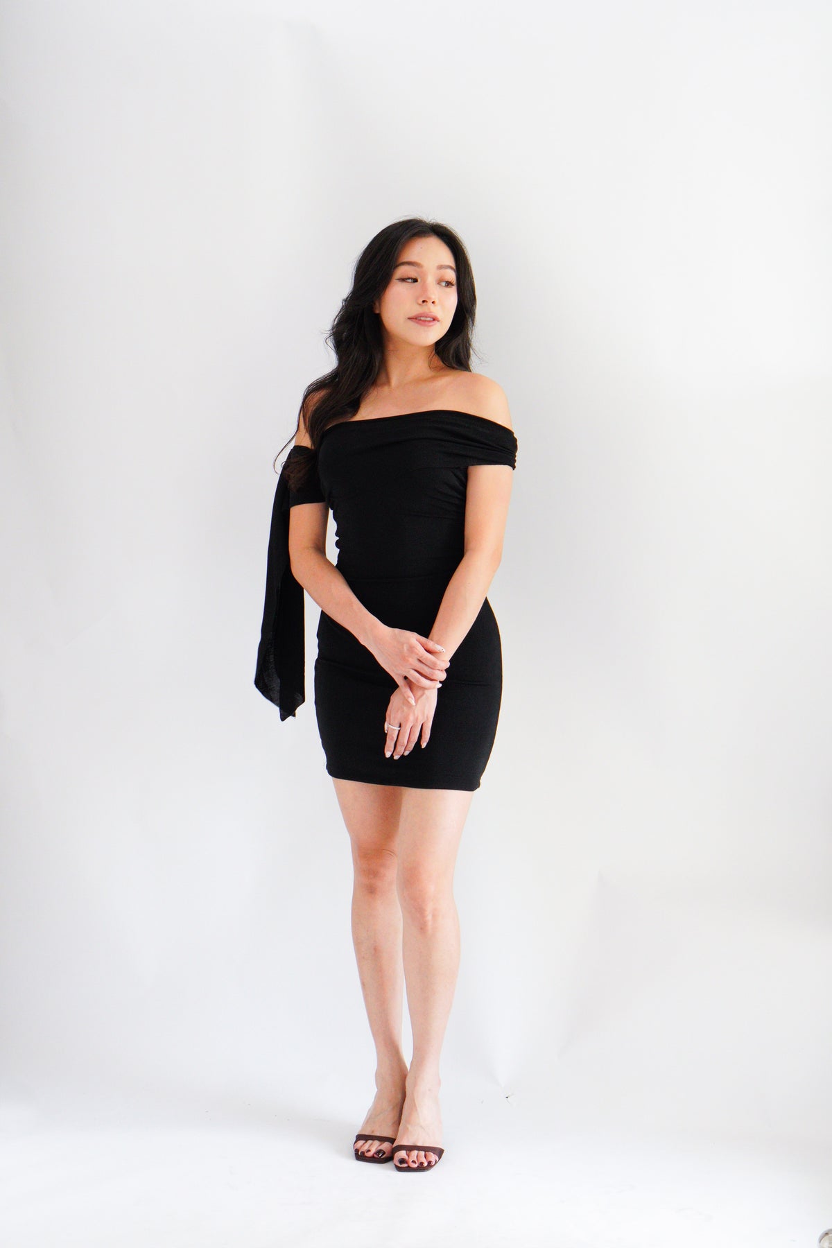 Dearaya Off Shoulder Bodycon Mini Dress in Black