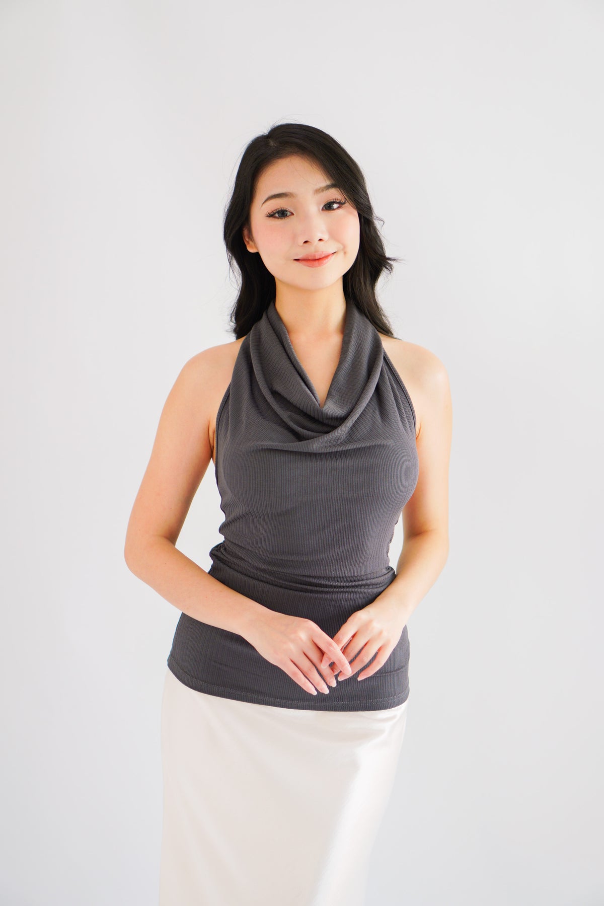 Polaine Cowl Neck Backless Halter Top in Grey