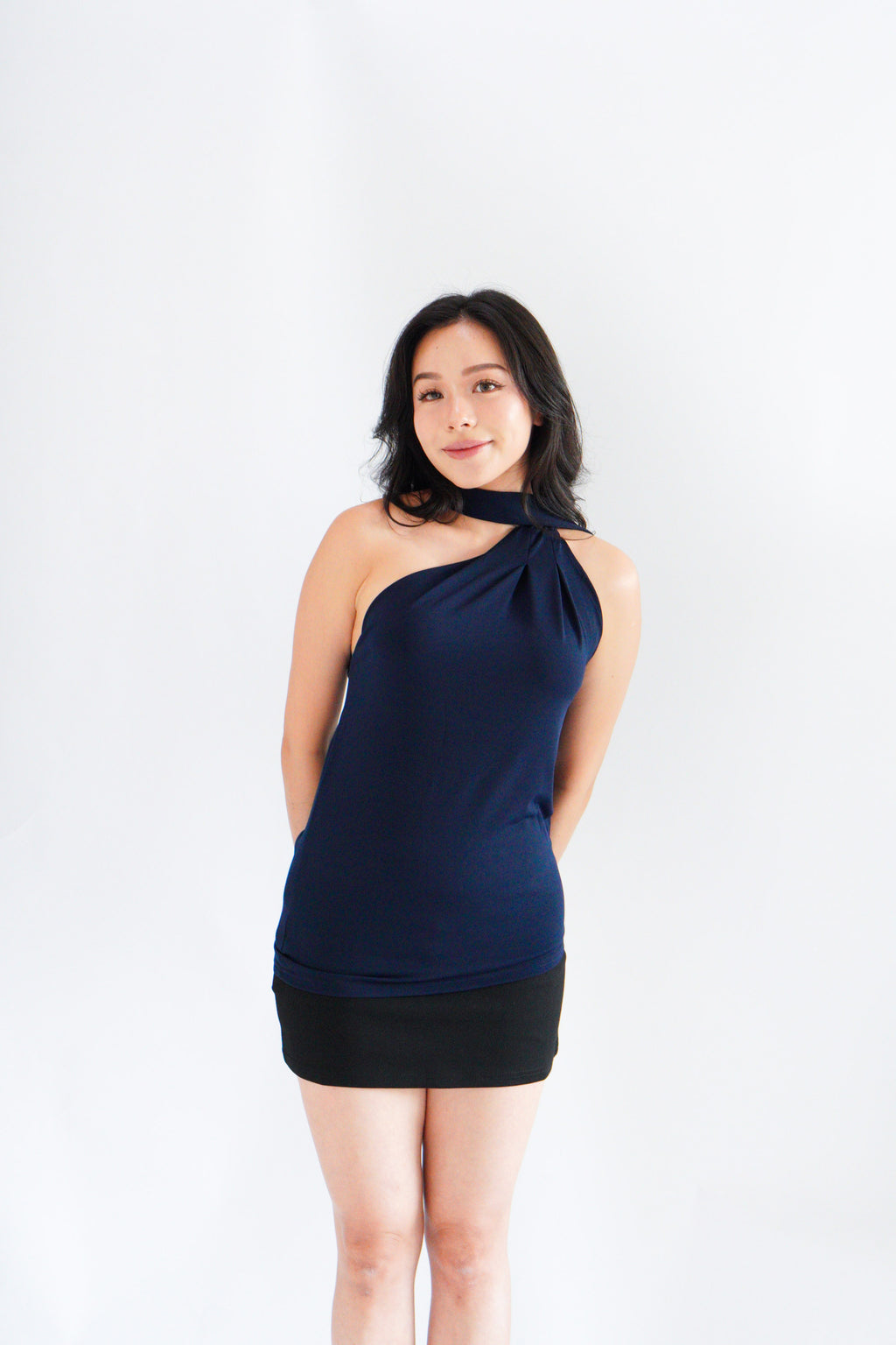 Sarana High Neck Self Tie Choker Top in Dark Blue
