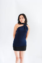 Sarana High Neck Self Tie Choker Top in Dark Blue