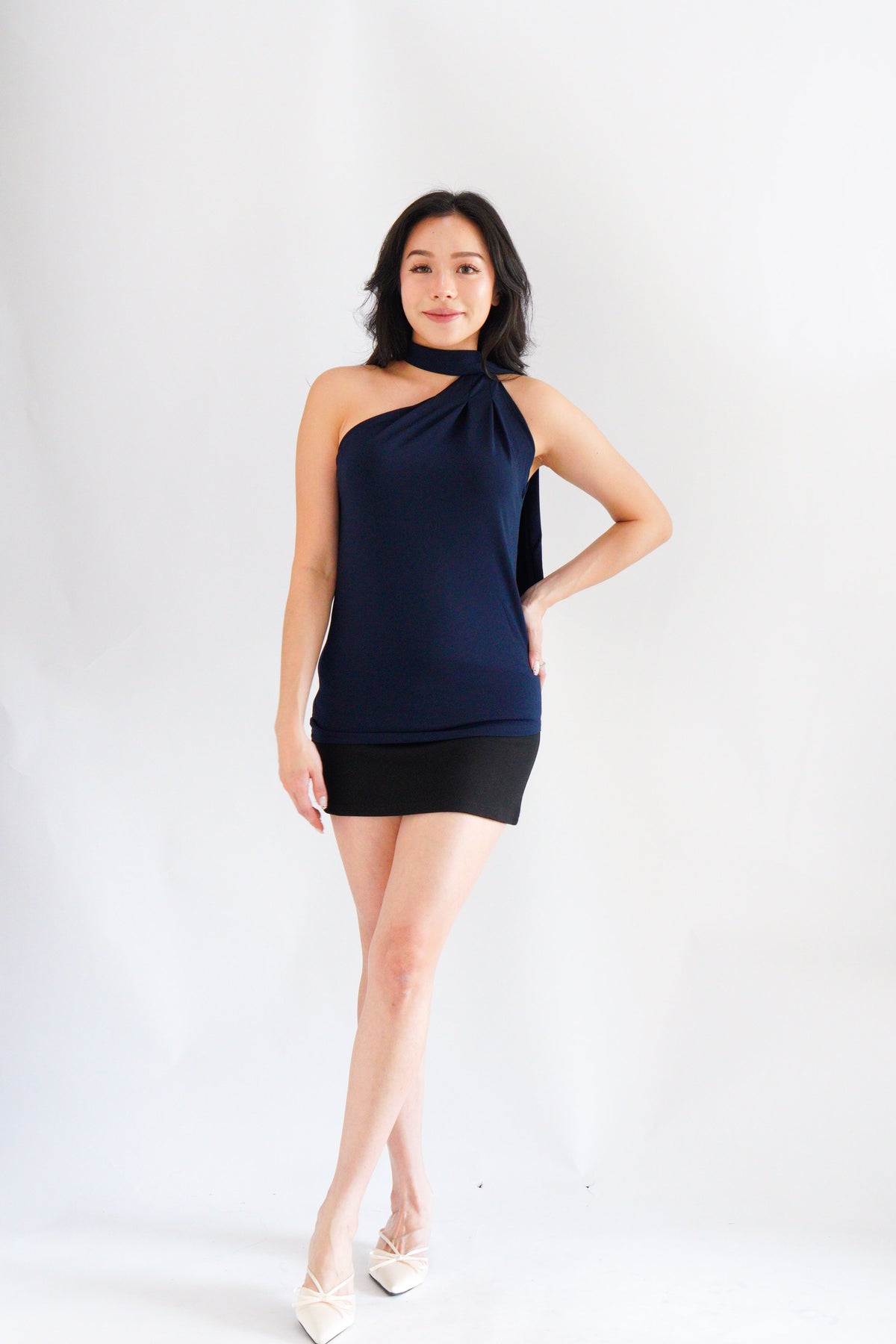Sarana High Neck Self Tie Choker Top in Dark Blue