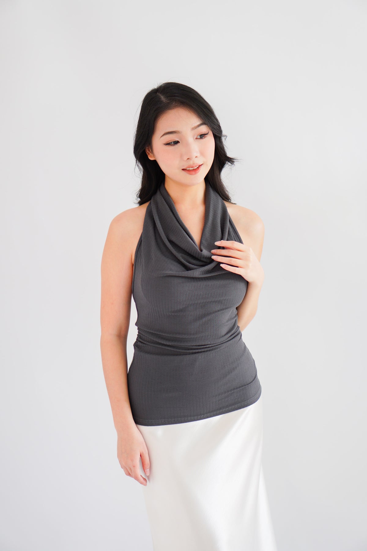 Polaine Cowl Neck Backless Halter Top in Grey
