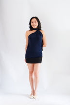 Sarana High Neck Self Tie Choker Top in Dark Blue