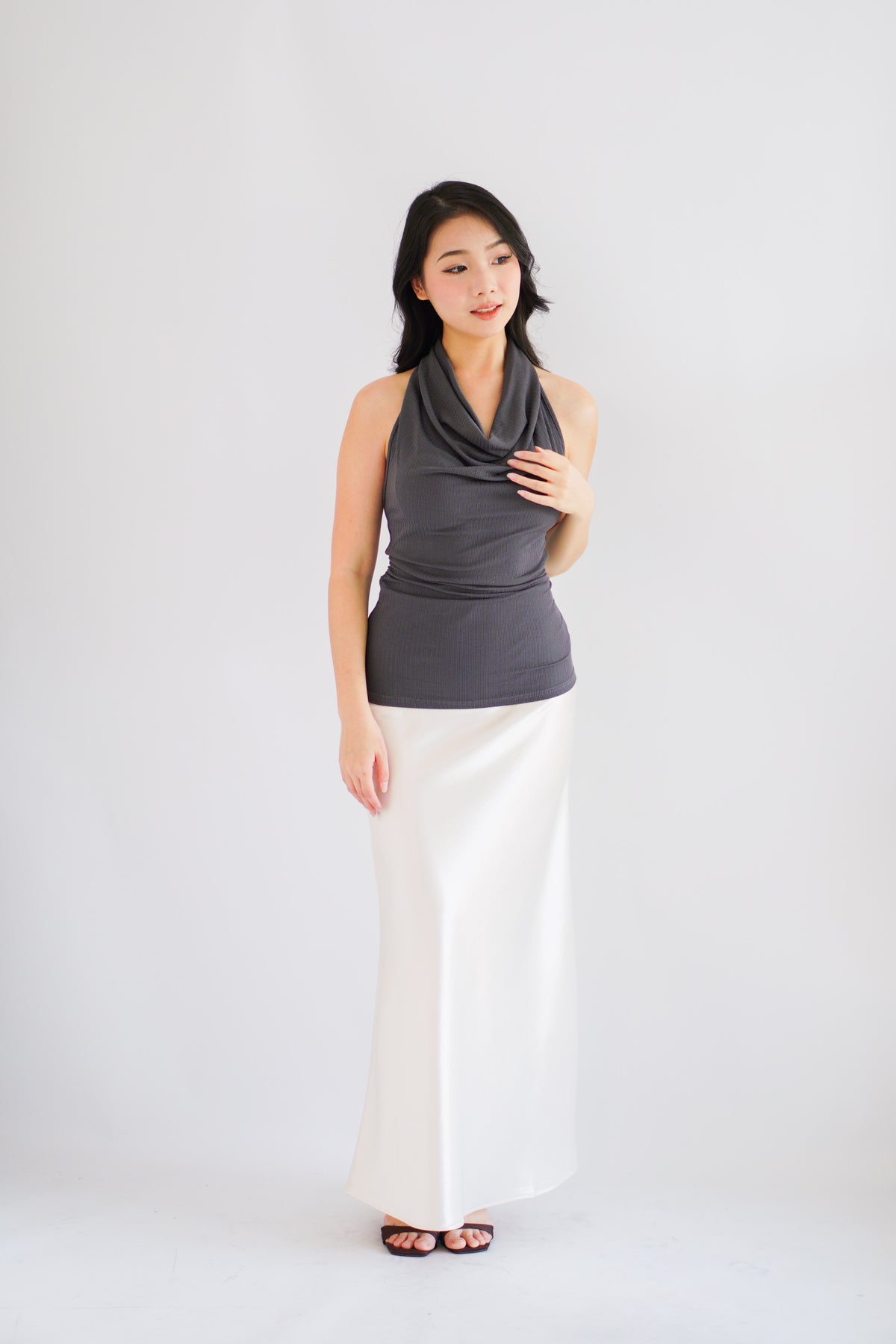 Polaine Cowl Neck Backless Halter Top in Grey