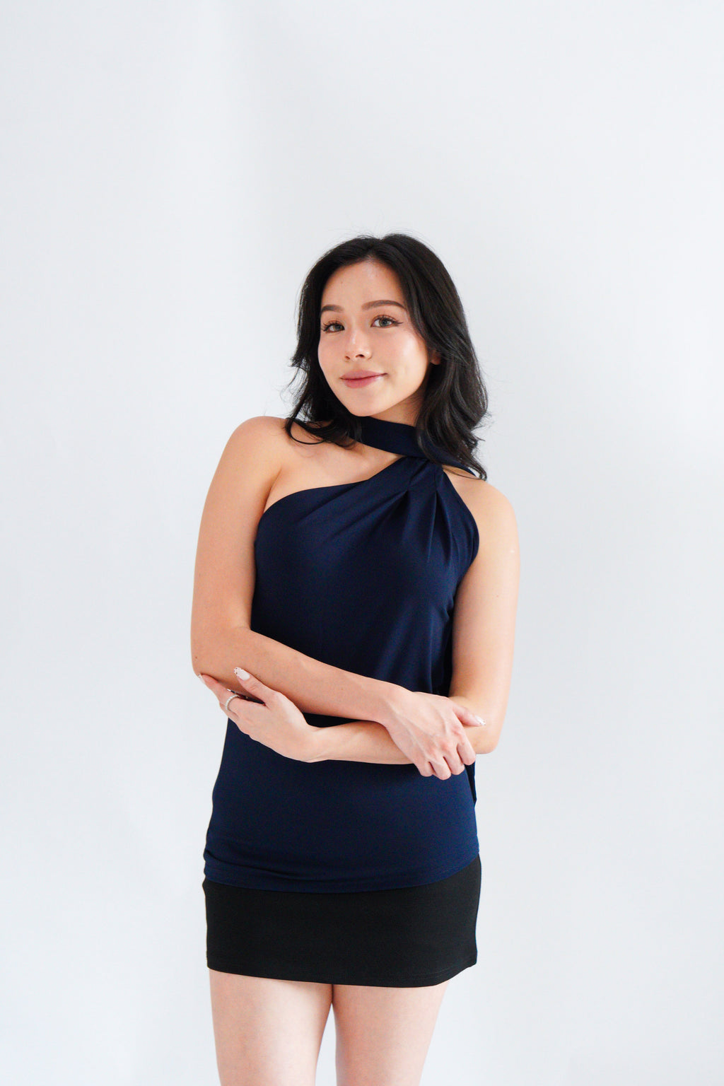 Sarana High Neck Self Tie Choker Top in Dark Blue
