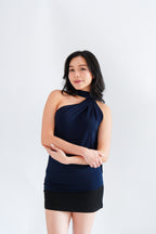 Sarana High Neck Self Tie Choker Top in Dark Blue
