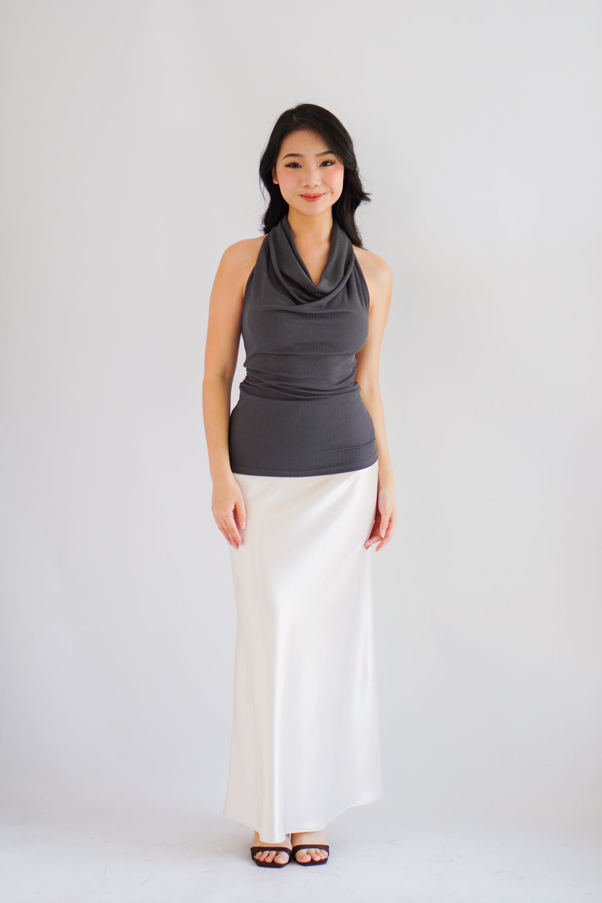 Polaine Cowl Neck Backless Halter Top in Grey