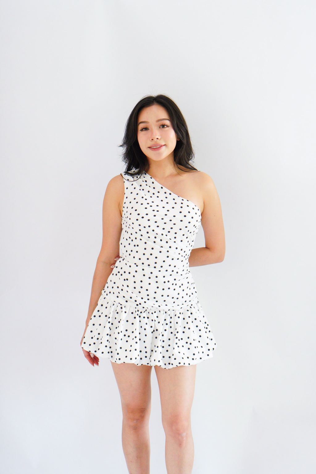 Lovynne Polkadot Toga Mini Layered Dress in White